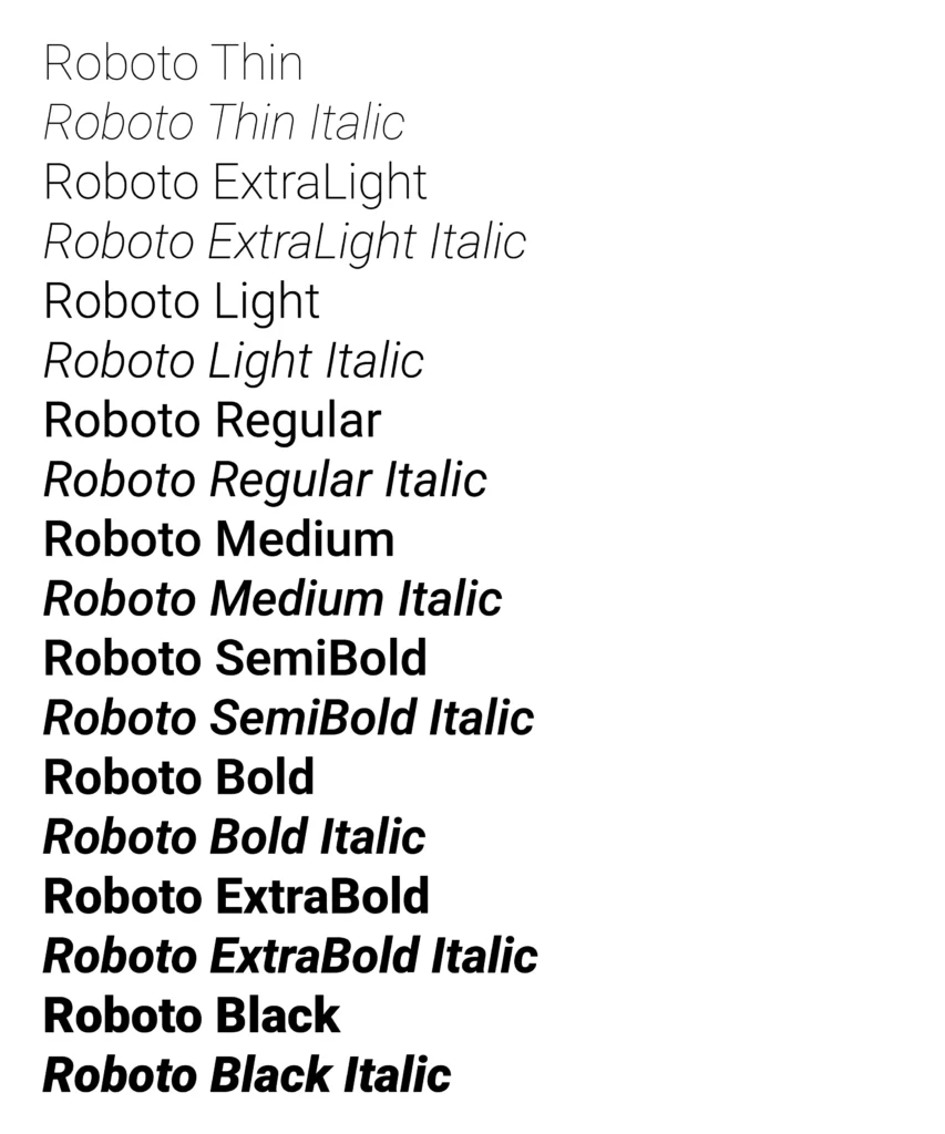 Alle Schriftschnitte der Roboto von Thin bis Black