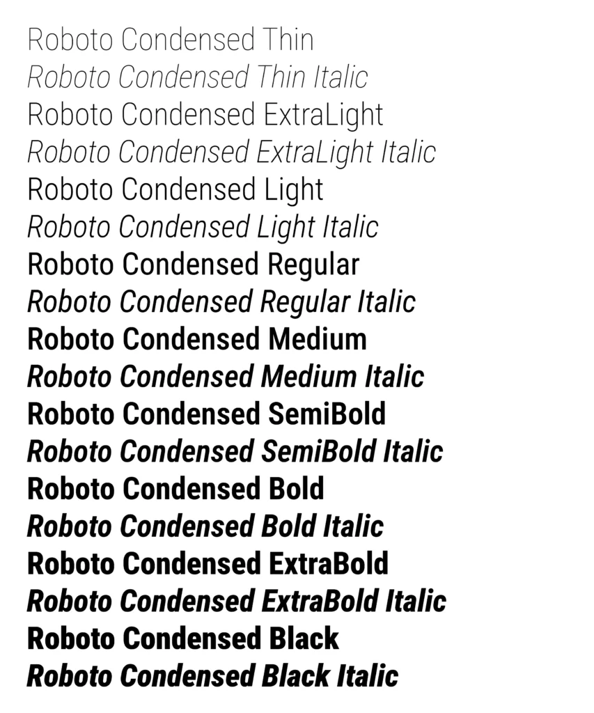 Alle Schriftschnitte der Roboto Condensed von Thin bis Black